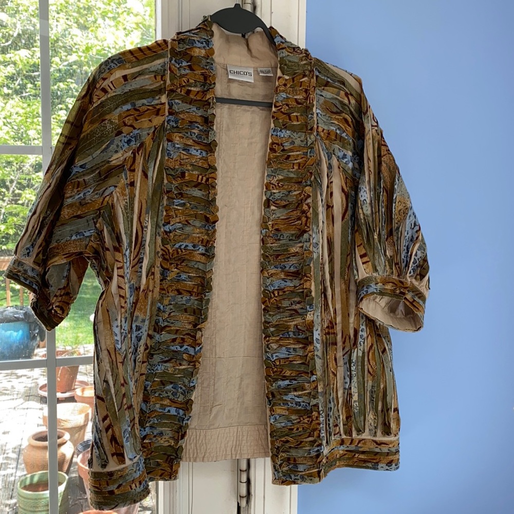 Chico's Striped Multicolor Ruffle-Trim Open Jacket
